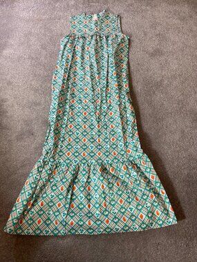 Blue Platypus Sleeveless Maxi Dress Retro Fruit Floral Print Teal Orange Medium